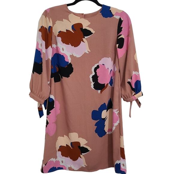 A New Day Women Sz XS Pink Mauve Dress Blue Pink Brown Floral Pattern Tie Sleeve - Picture 1 of 5